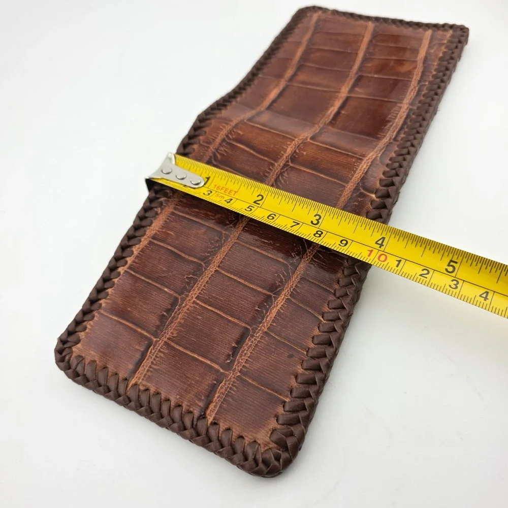 Handmade Brown Alligator Embossed Leather Bifold Wallet Braided Trim - Excellent